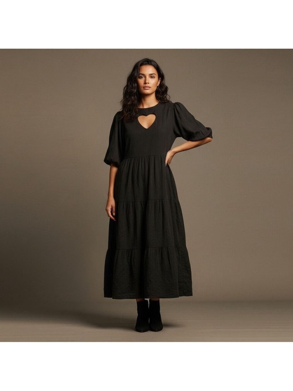 NWT Desigual Black Tiered Midi Dress Puff Sleeve Heart Cutout Size US M